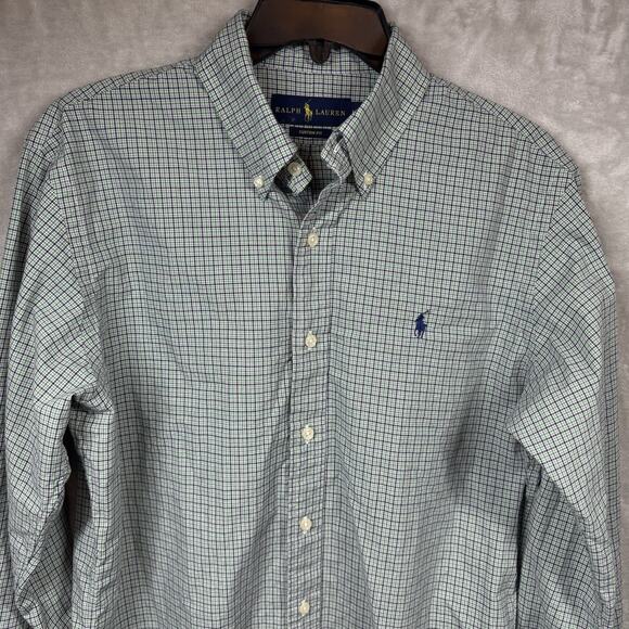 Ralph Lauren Shirt Men Sz M Custom Fit Green Plaid Long Sleeve Button Down Pony - Picture 1 of 11